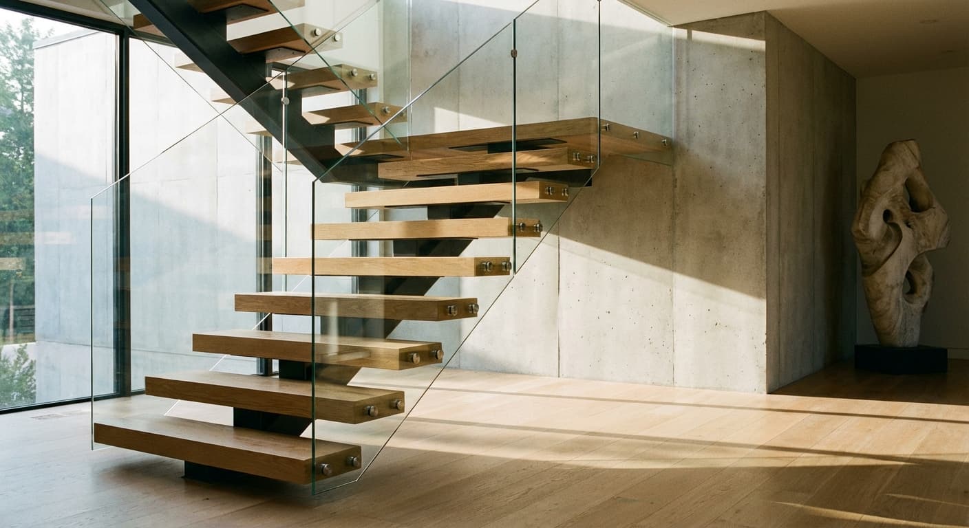 Modern architectural staircase with dramatic natural light