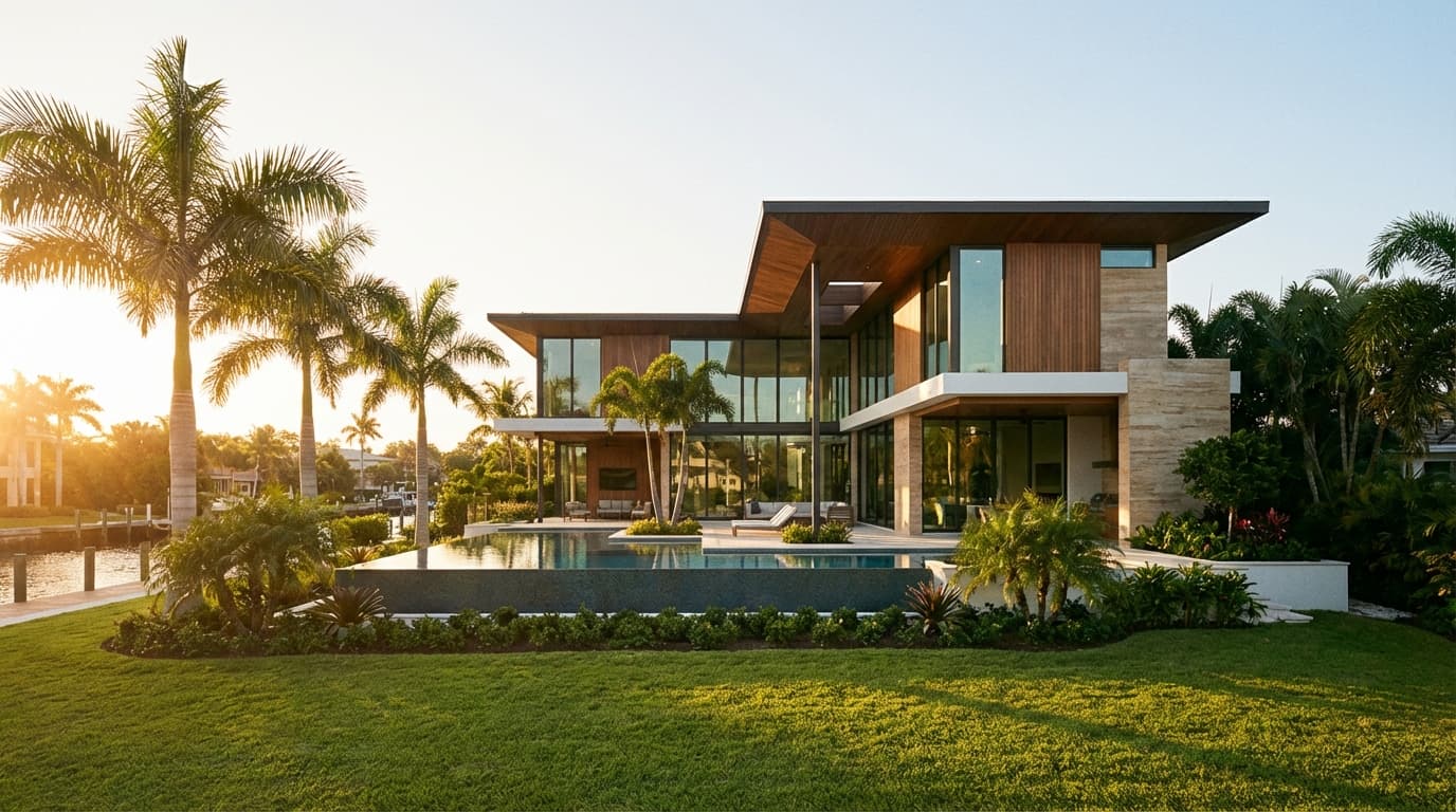 Luxury custom home in Tampa Bay at golden hour