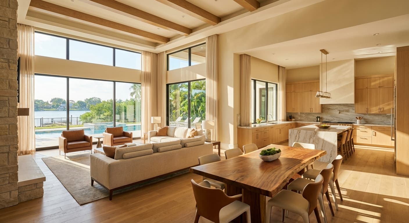 Luxury custom home interior with open floor plan and natural light