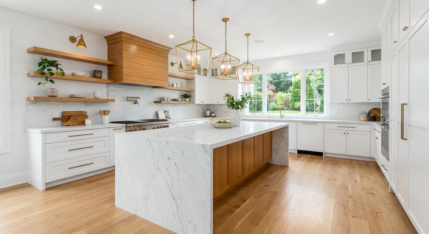 Modern kitchen renovation with marble island and pendant lights